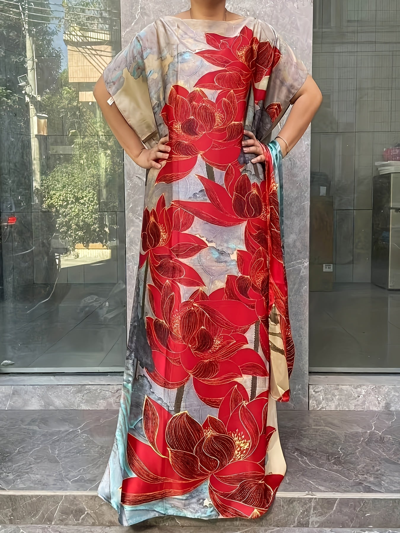 Plus Size Floral Longline Dress Short Sleeve Crew Neck Summer Clothing