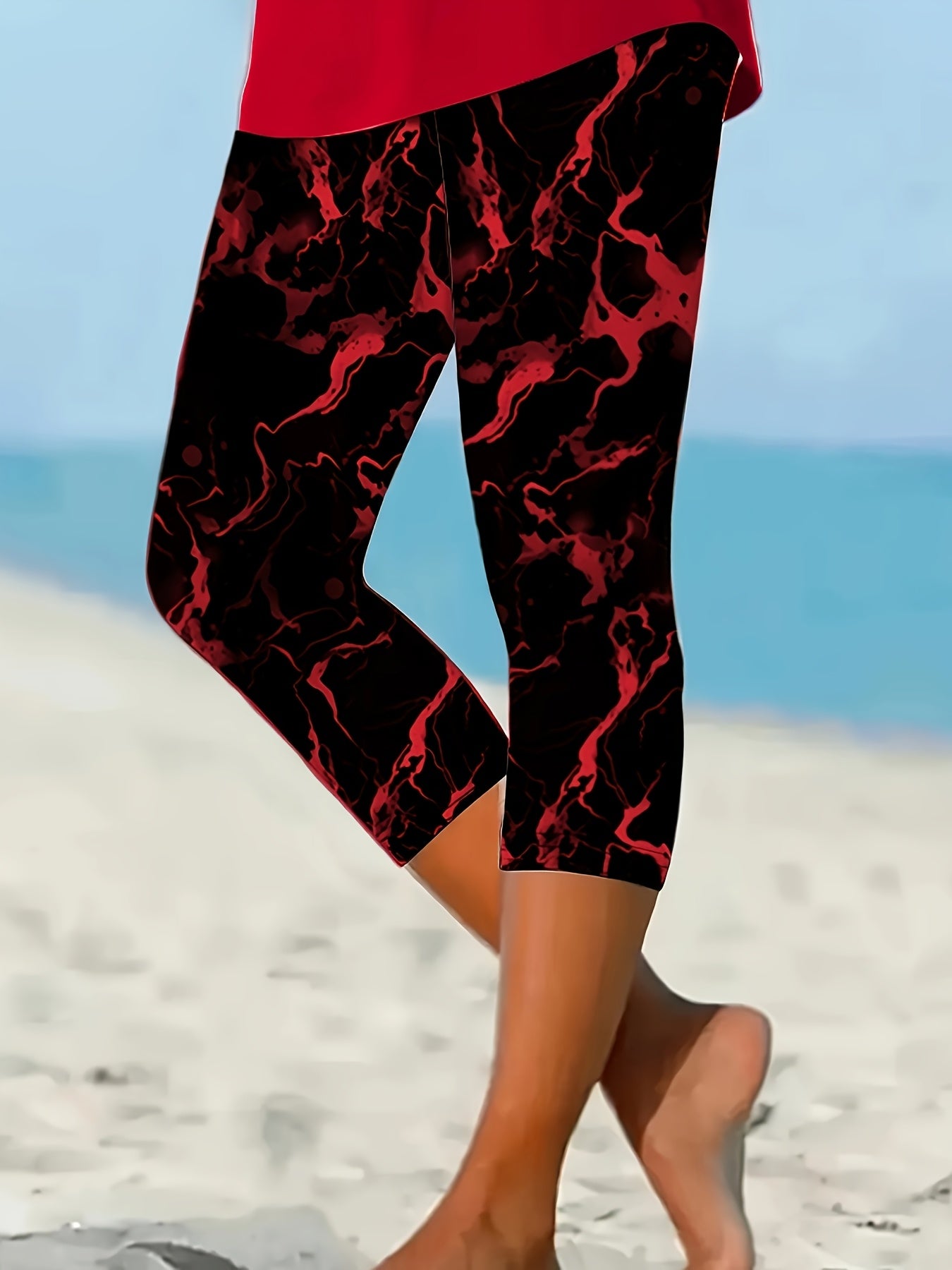 Women's High-Waisted Leggings with Abstract Red Black Print Stretchy Comfortable