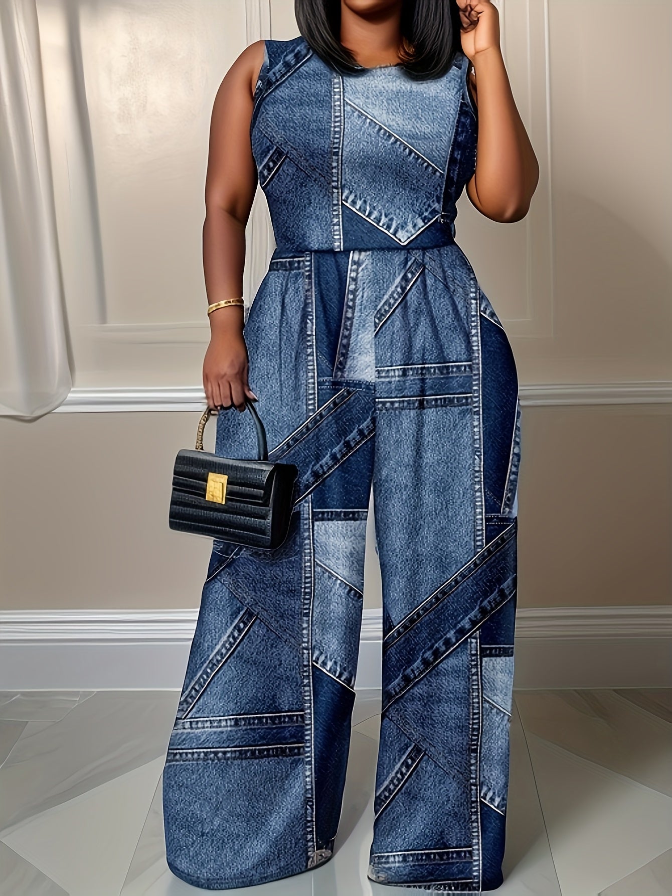 Mono sin mangas de talla grande para mujer con estampado de denim falso, estilo elegante