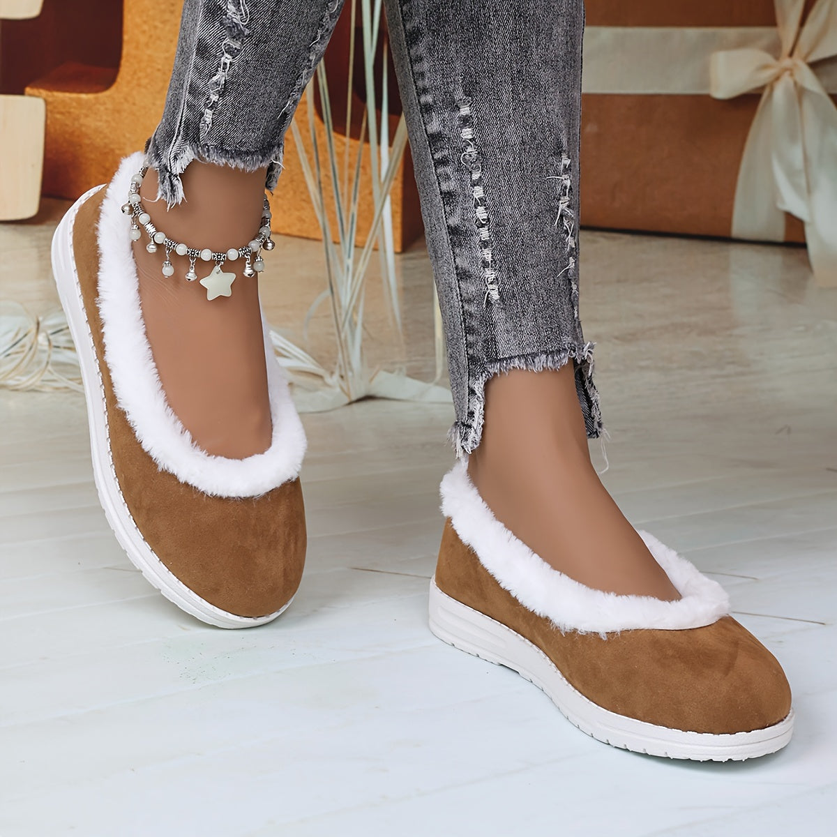 Plus Size Women's Mary Jane Flats Soft Plush Lining Winter Slip-On Shoes