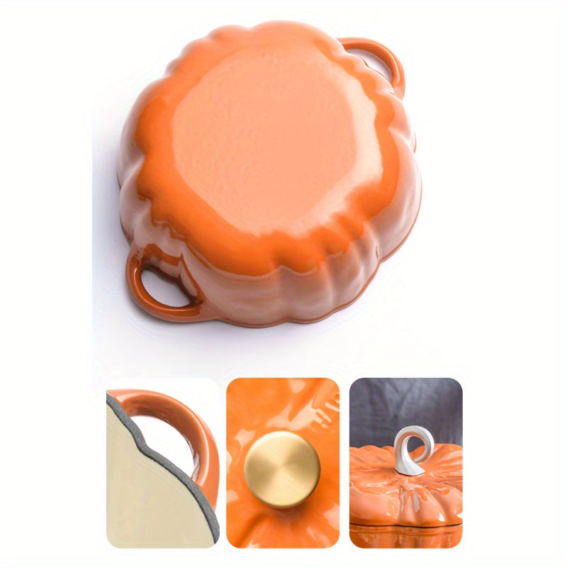 Набор посуды, включая чугунную кастрюлю в форме тыквы с золотой крышкой, двойными ручками и совместимостью с духовкой, плитой и газом.