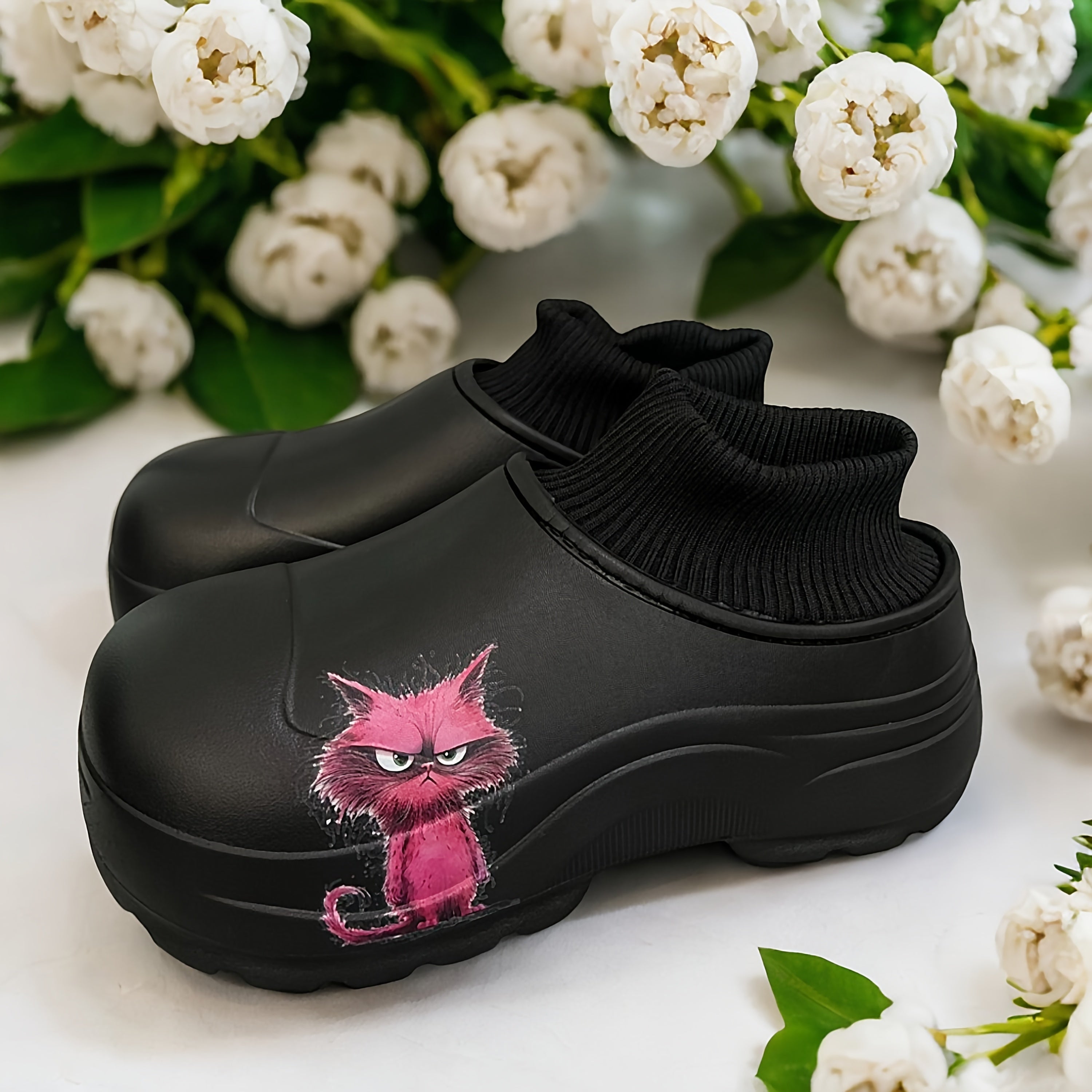 Women's Fleece Indoor House Shoes with Non-Slip Thick Sole Black White