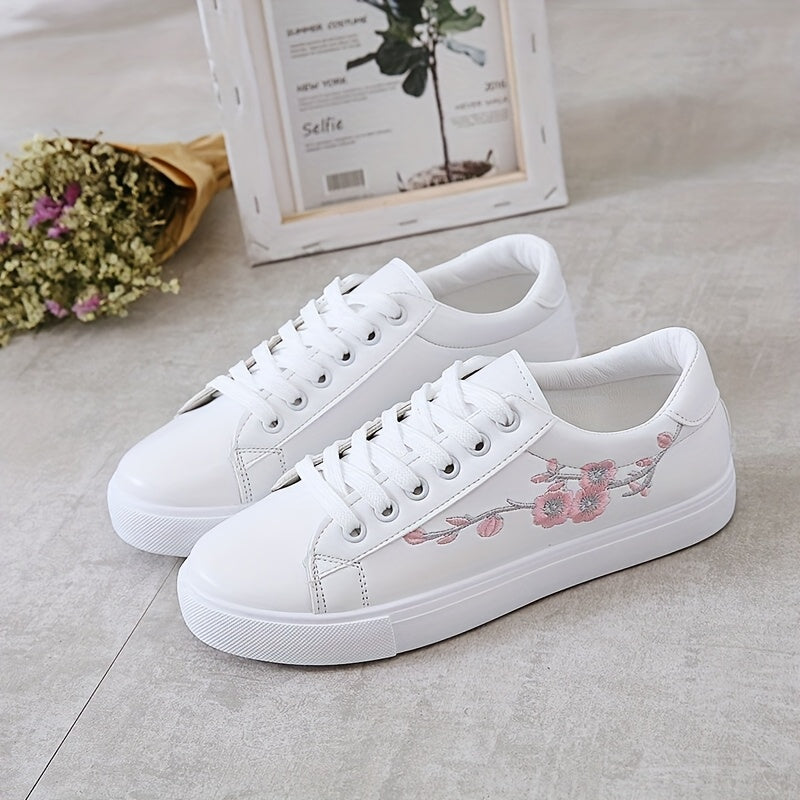 Women's Floral Embroidered White Low-Top Sneakers Synthetic Casual Shoes