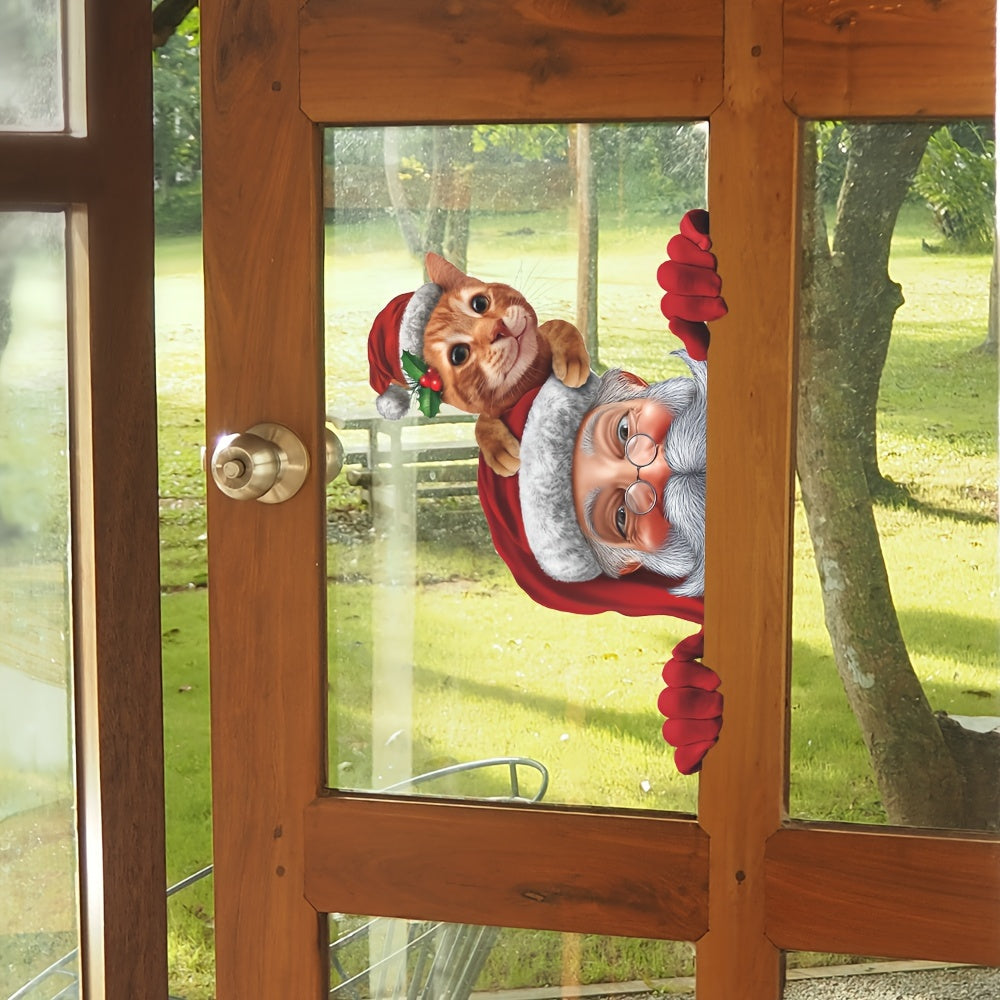 Contemporary Santa and Kitten Christmas Window Cling Festive Holiday Decor