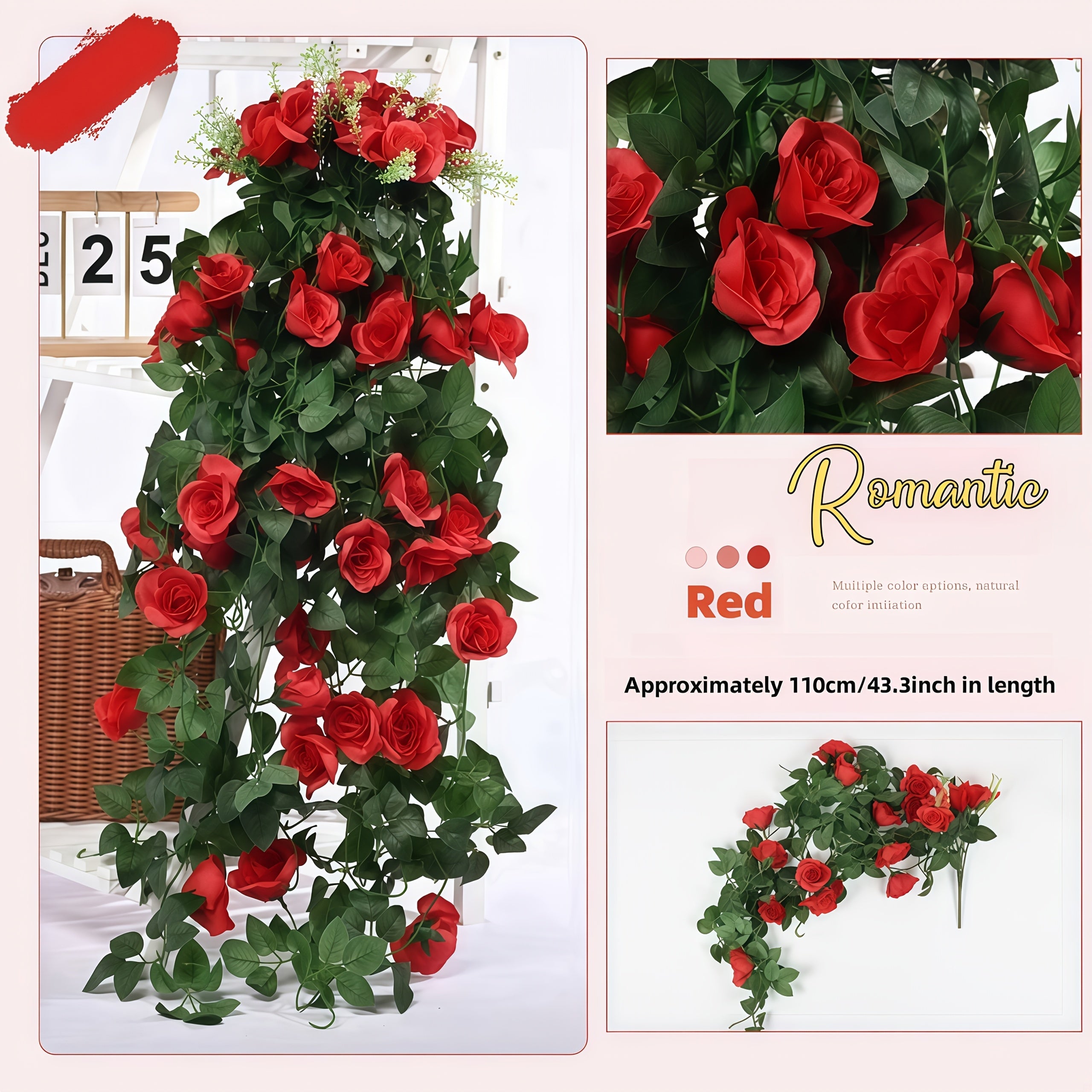 Artificial Rose Vines 219.96 cm with 36 Blooms for Home Decor Weddings and Events