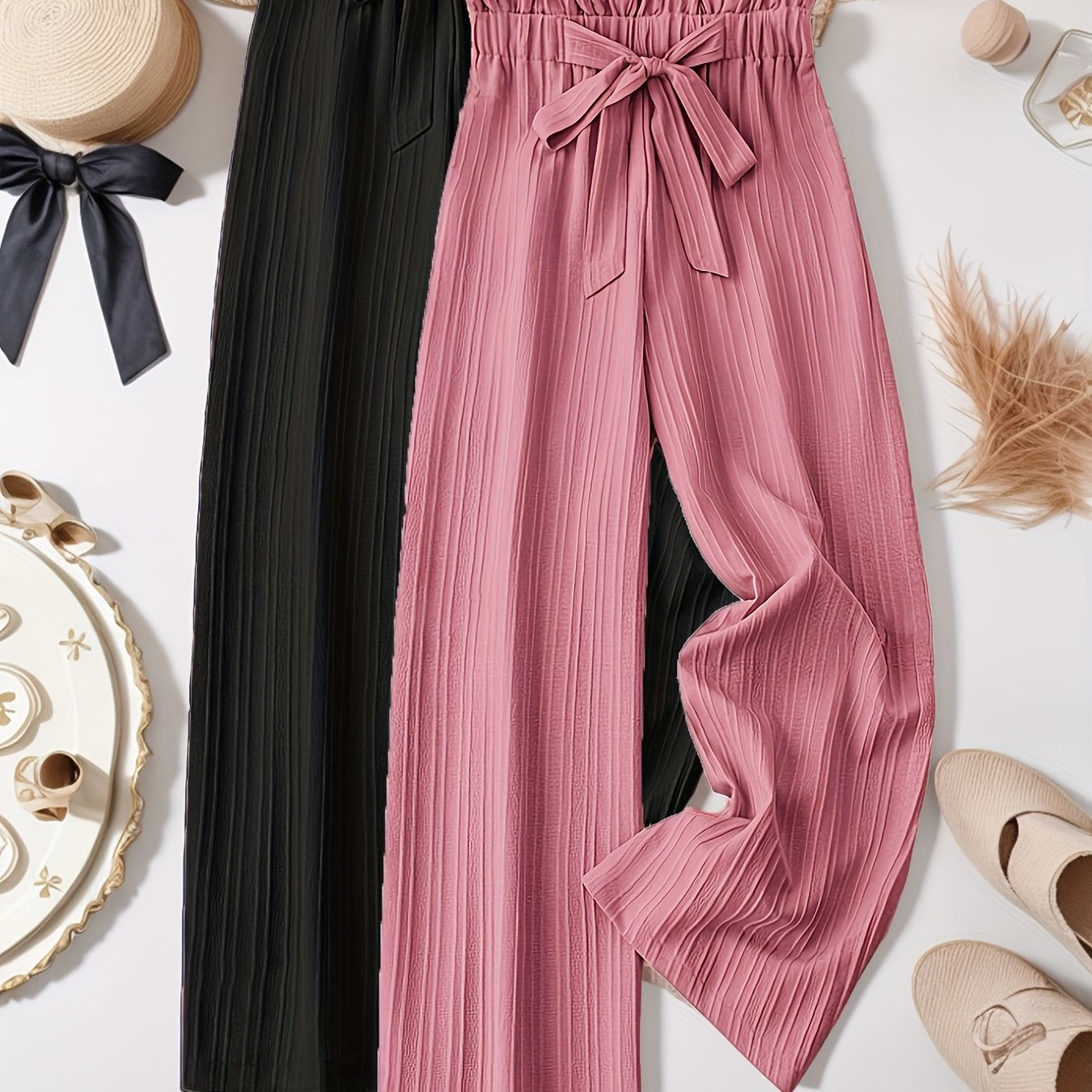 Women's Plus Size Striped Pleated Textured Long Pants Two Pack