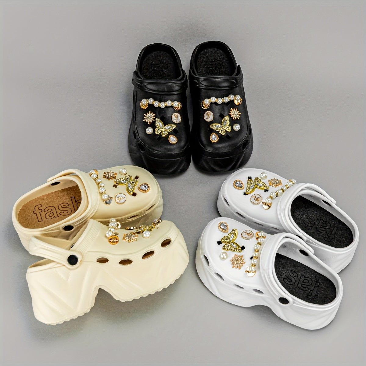 Women Glitter Embellished Mules Clogs Pearls Butterflies EVA Platform Heels