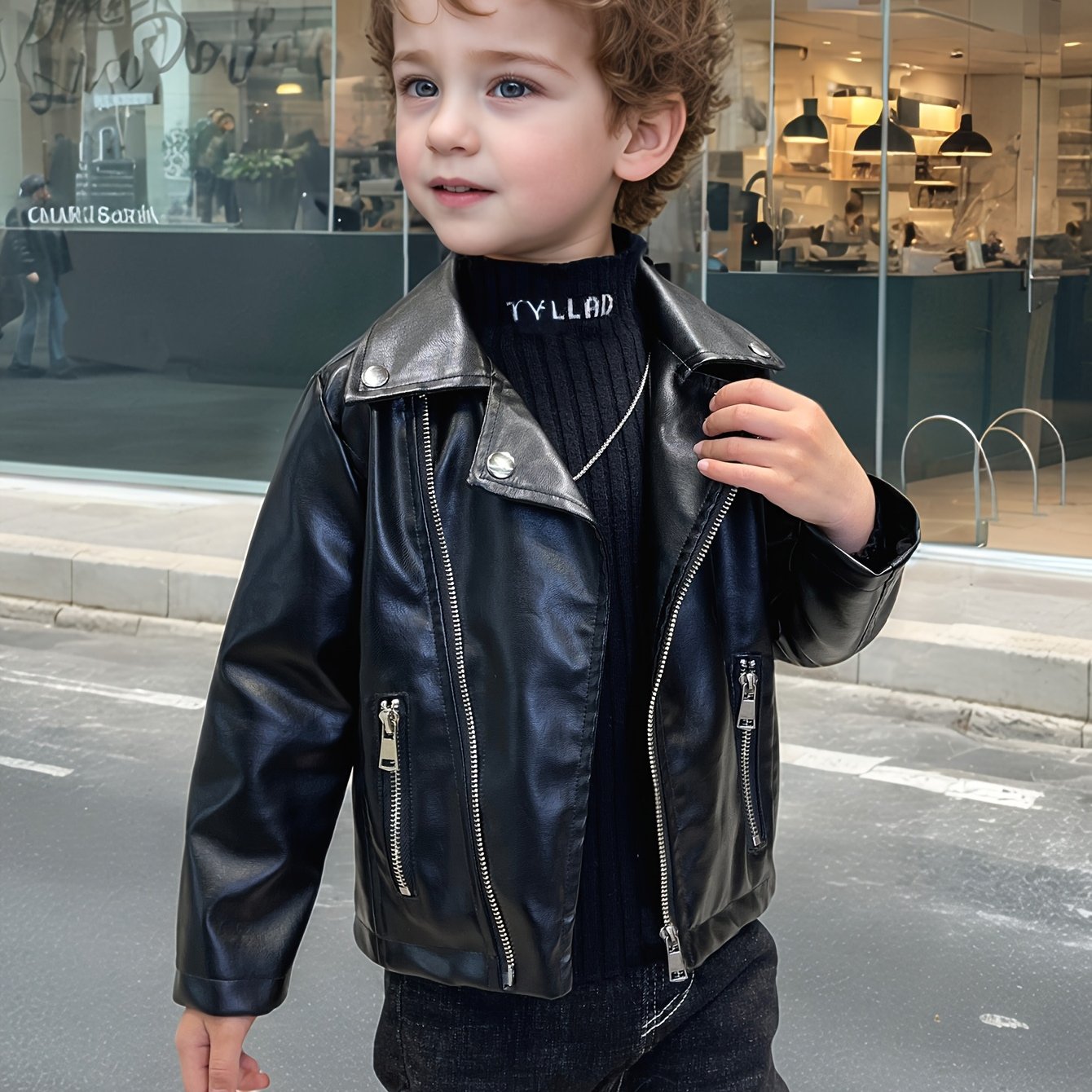Boys Biker Jacket Black Polyester Casual Spring Fall Button Pockets