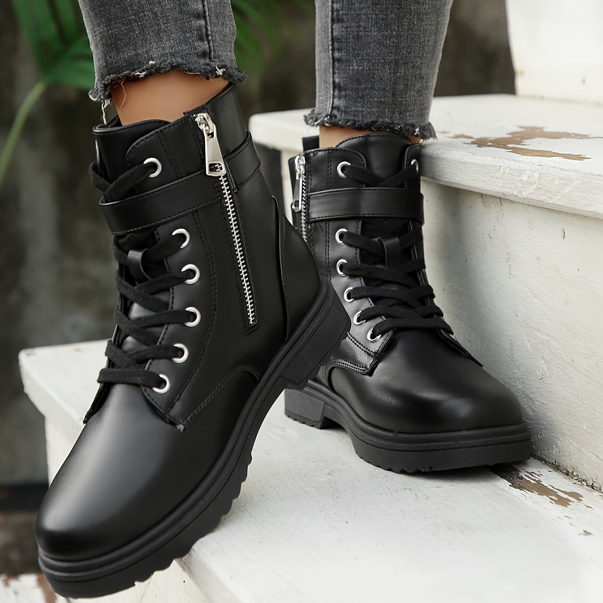 Women's Black PU Ankle Boots with Zipper Lace-Up Flat Sole All-Season