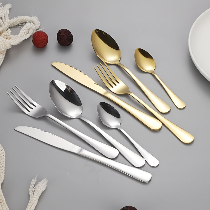 24-Piece Golden Stainless Steel Cutlery Set with Metal Stand for Home Restaurant Party