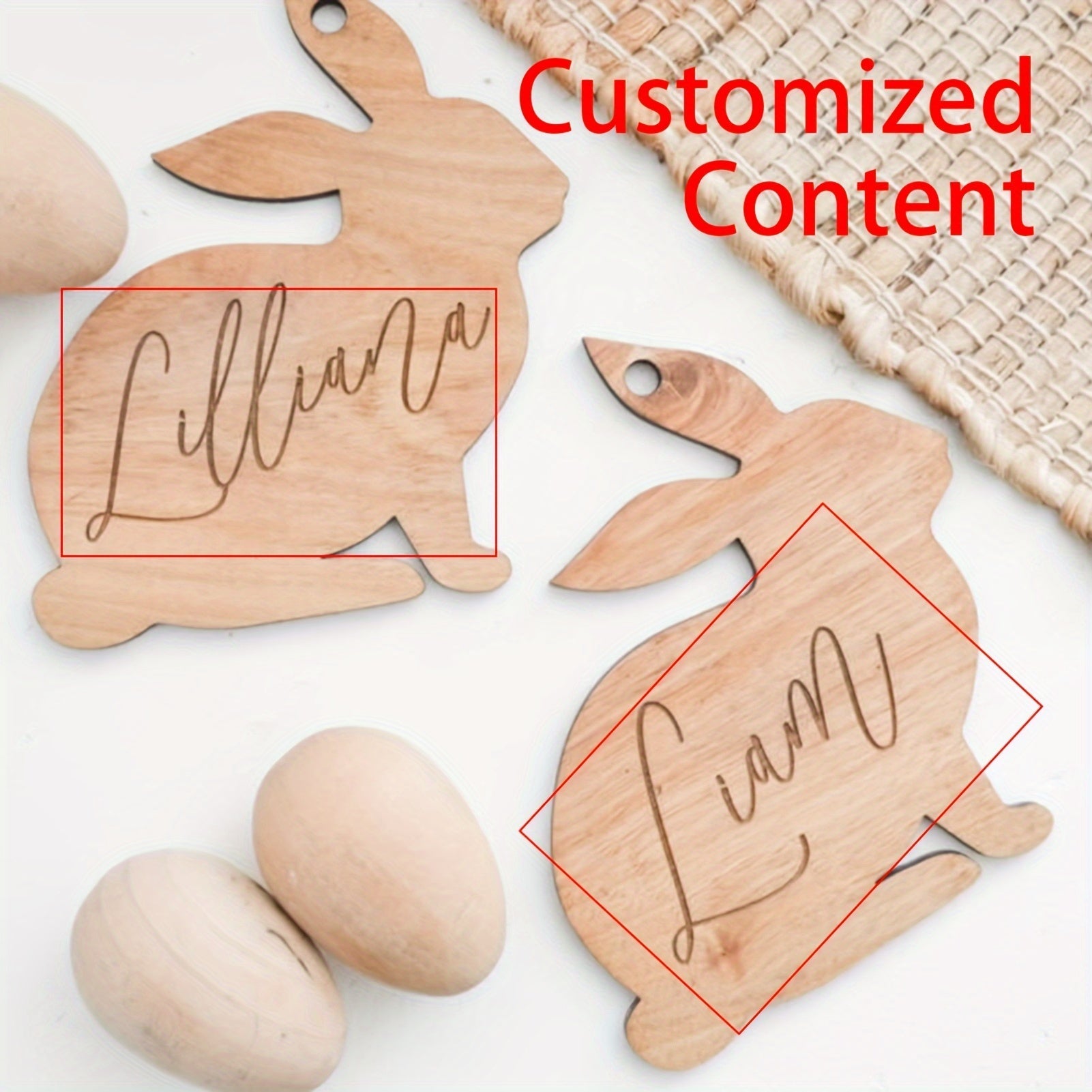 "Qizil yog'ochdan o'yilgan Pasxa savatiga tegishli yorliq, quyon dizayni - O'zgartiriladigan ism yorlig'i, bog'ichlar bilan, sovg'alar va esdaliklar uchun ideal"