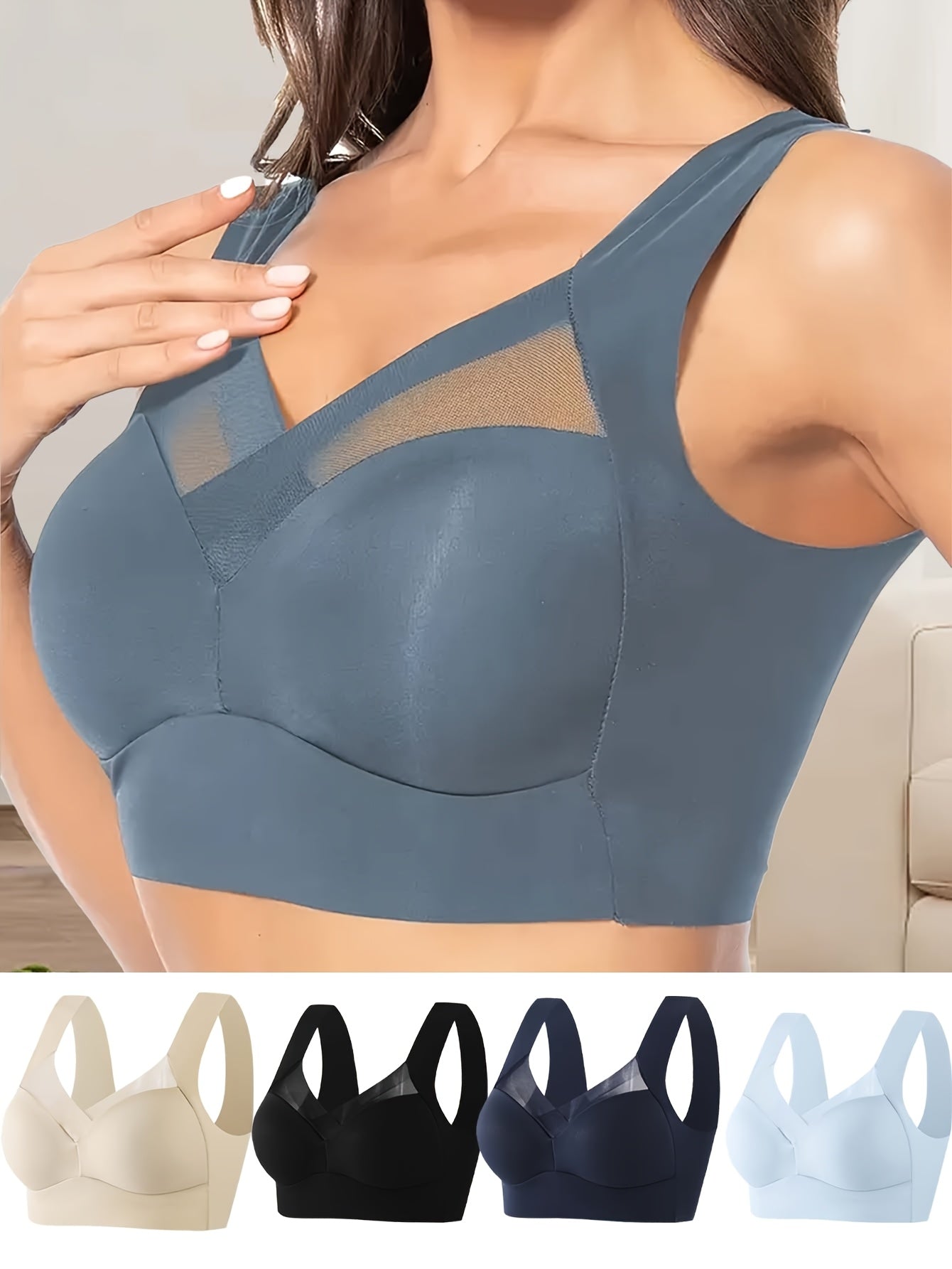 Women Lace V-Neck Bras 4 Pack Seamless Breathable Mesh Supportive