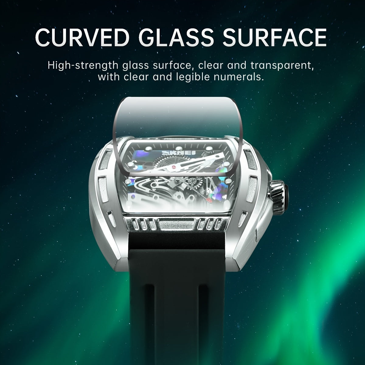 Reloj de cuarzo para hombre con esfera hueca, caja en forma de barril, resistente al agua, correa de silicona y luz nocturna