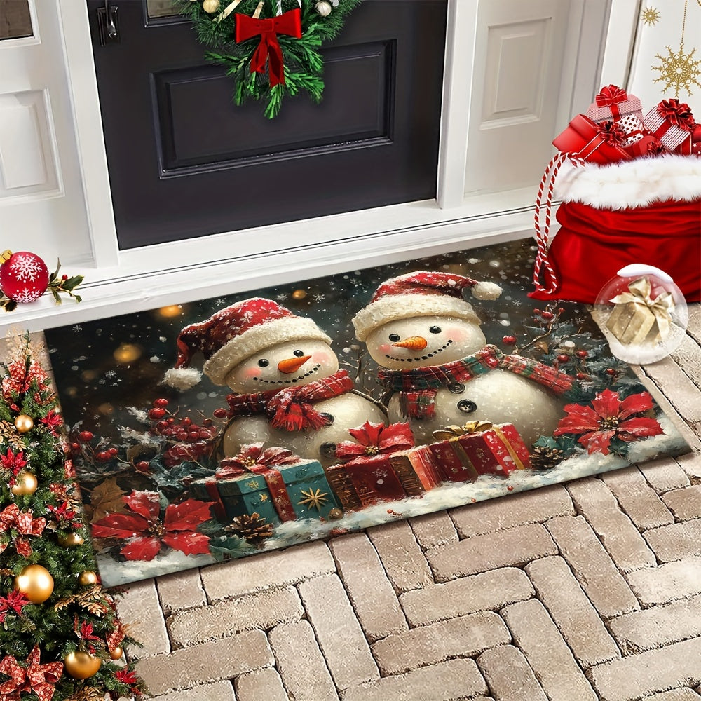 Рождественский коврик-снеговик, моющийся из плетеного полиэстера, с противоскользящей основой