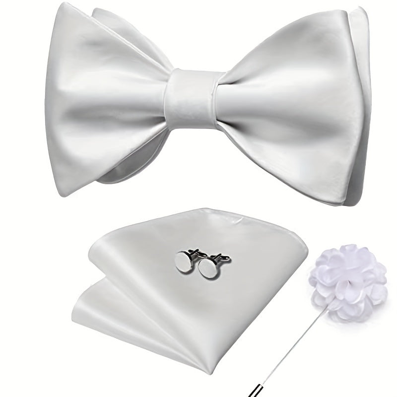 Men's 4-Piece Suit Accessory Set Silk Bow Tie Flower Lapel Pin Cufflinks Handkerchief for Weddings