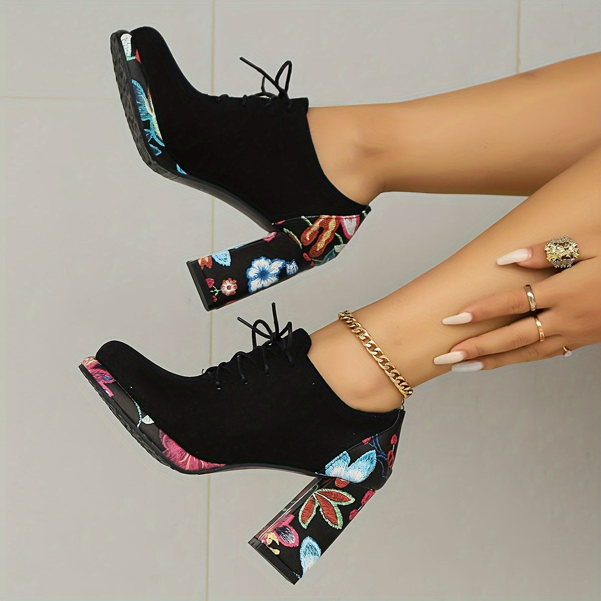 Women's Ankle Boots Fabric Platform Lace-Up Chunky Heel Black Floral Navy Red