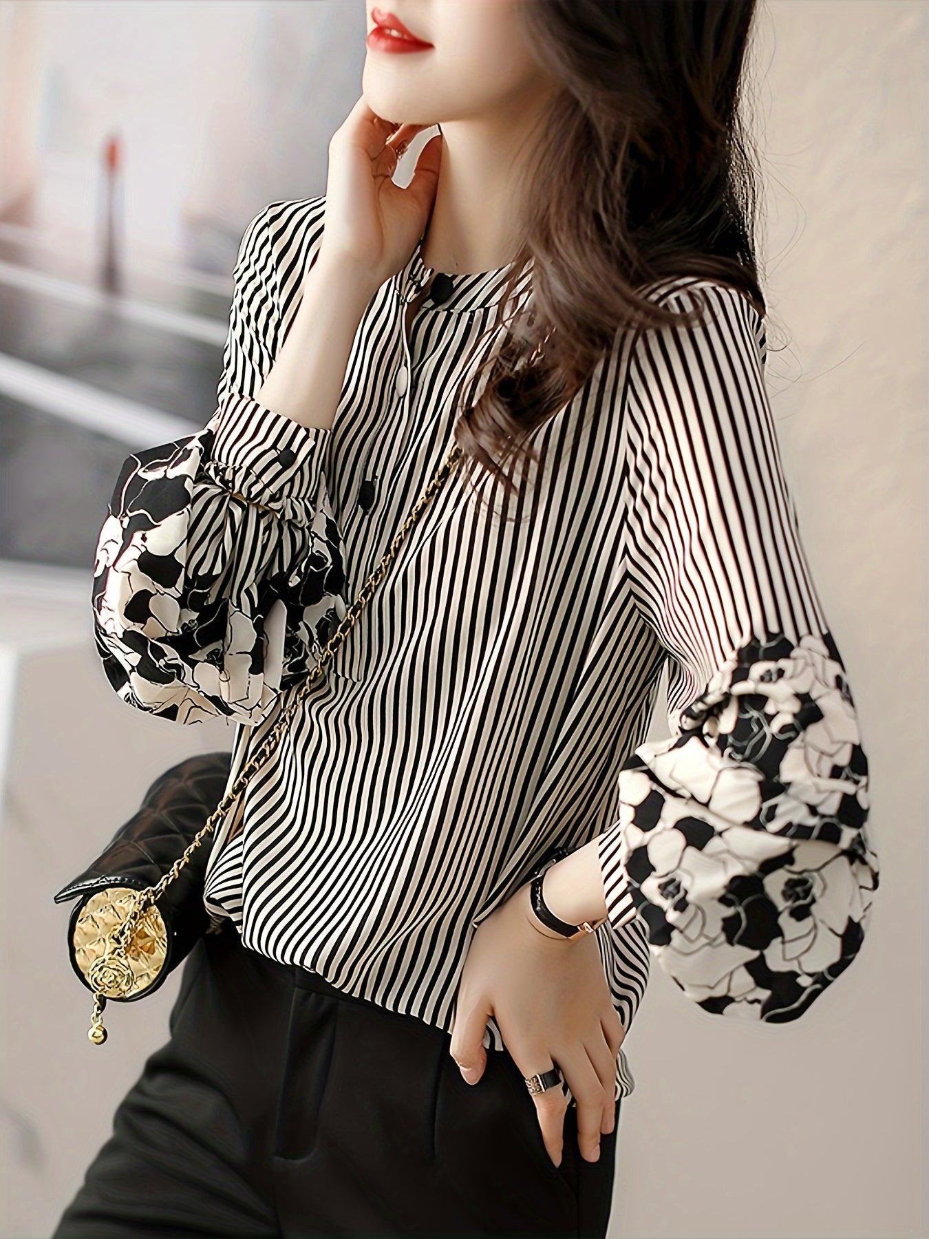 Women's Floral Striped Long Sleeve Blouse with Lantern Sleeves Polyester All-Season