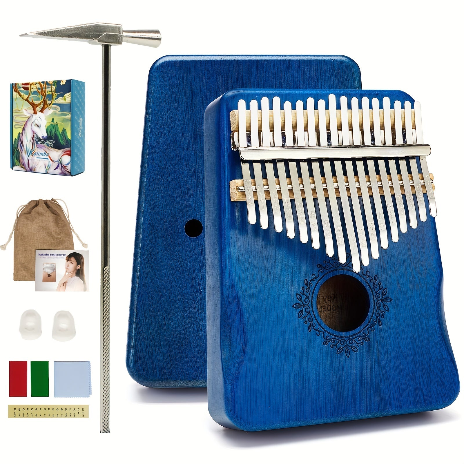 Wooden 17-Key Kalimba Thumb Piano with Learning Book for Beginners Blue Tan