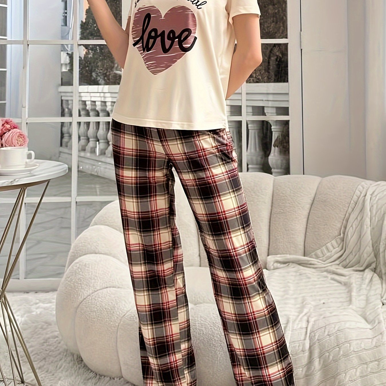 Women's Casual Heart Letter Print Pajama Set Short Sleeve Top Plaid Pants