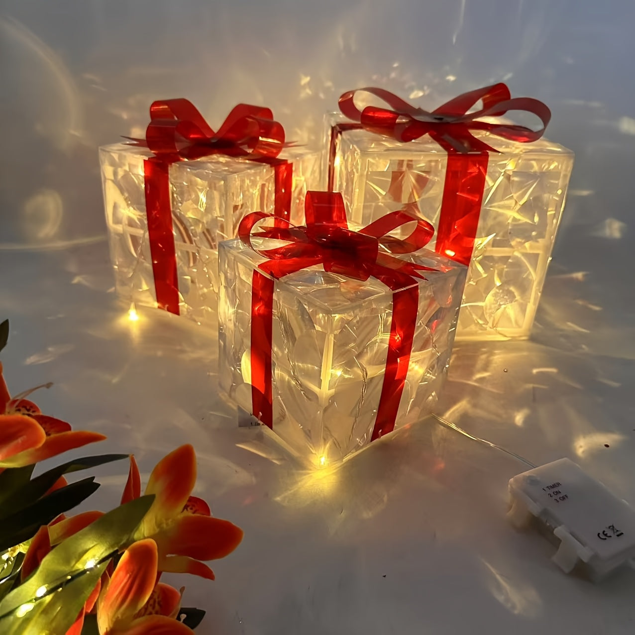 Paquete de 3 cajas de regalo con luces LED y lazos rojos, decoraciones navideñas con funcionamiento a batería