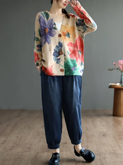 Women's Plus Size Floral Pattern Cardigan with Pockets Long Sleeves Fall Winter