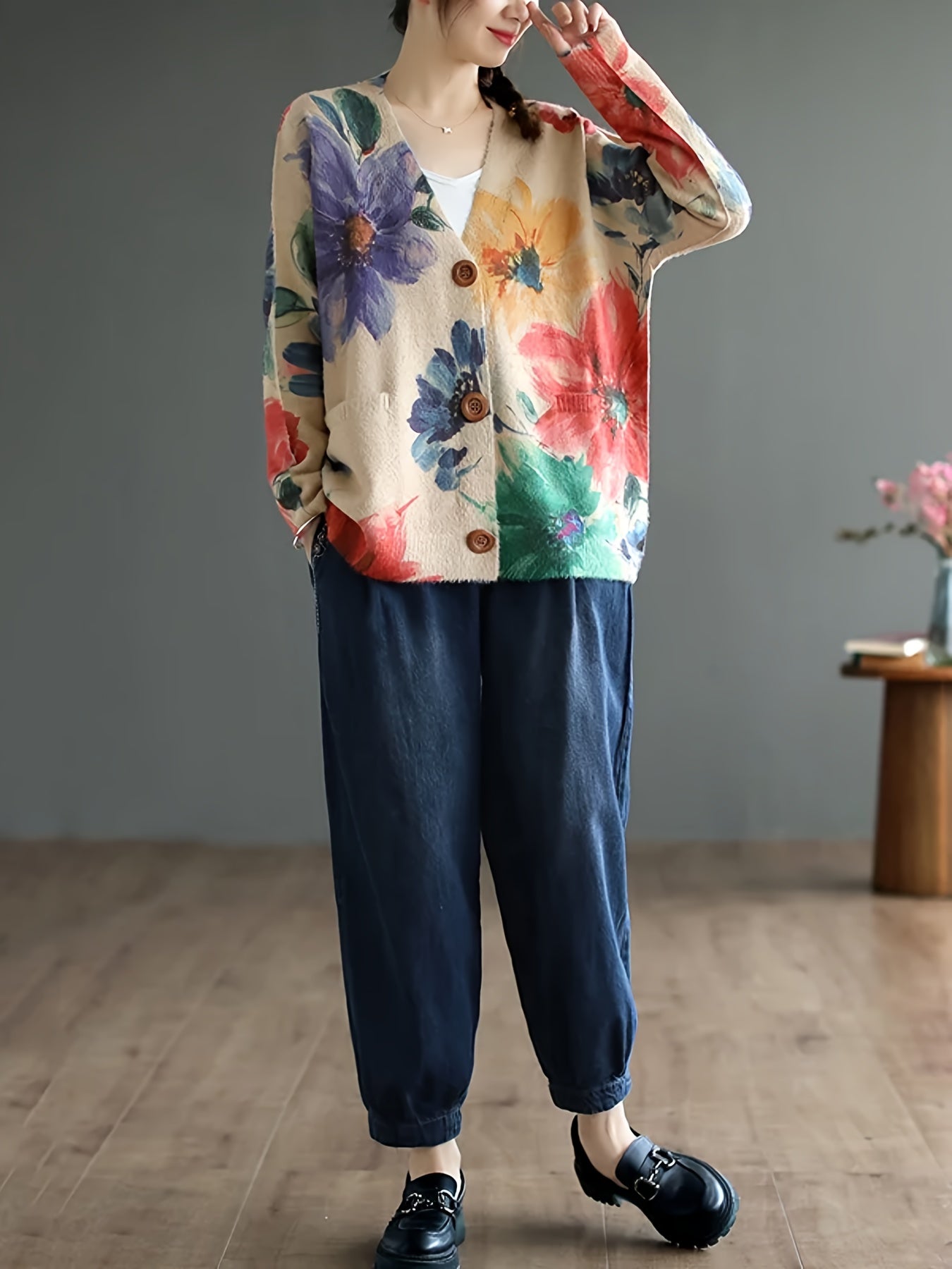 Women's Plus Size Floral Pattern Cardigan with Pockets Long Sleeves Fall Winter