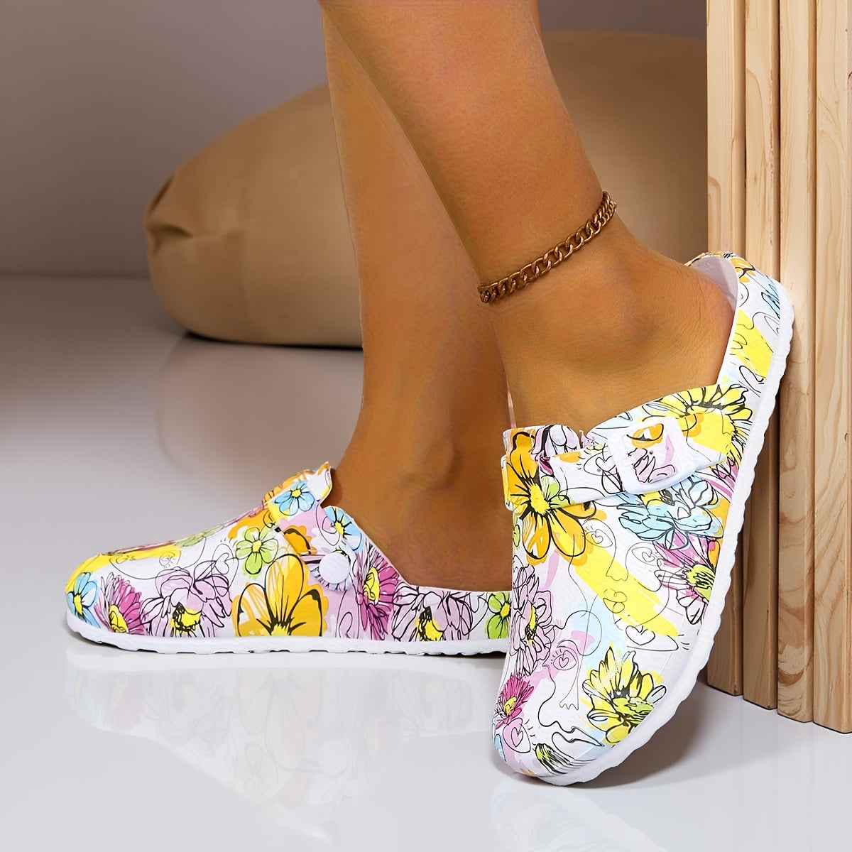 Women's Floral Print Slip-On Mules with Adjustable Straps EVA Casual