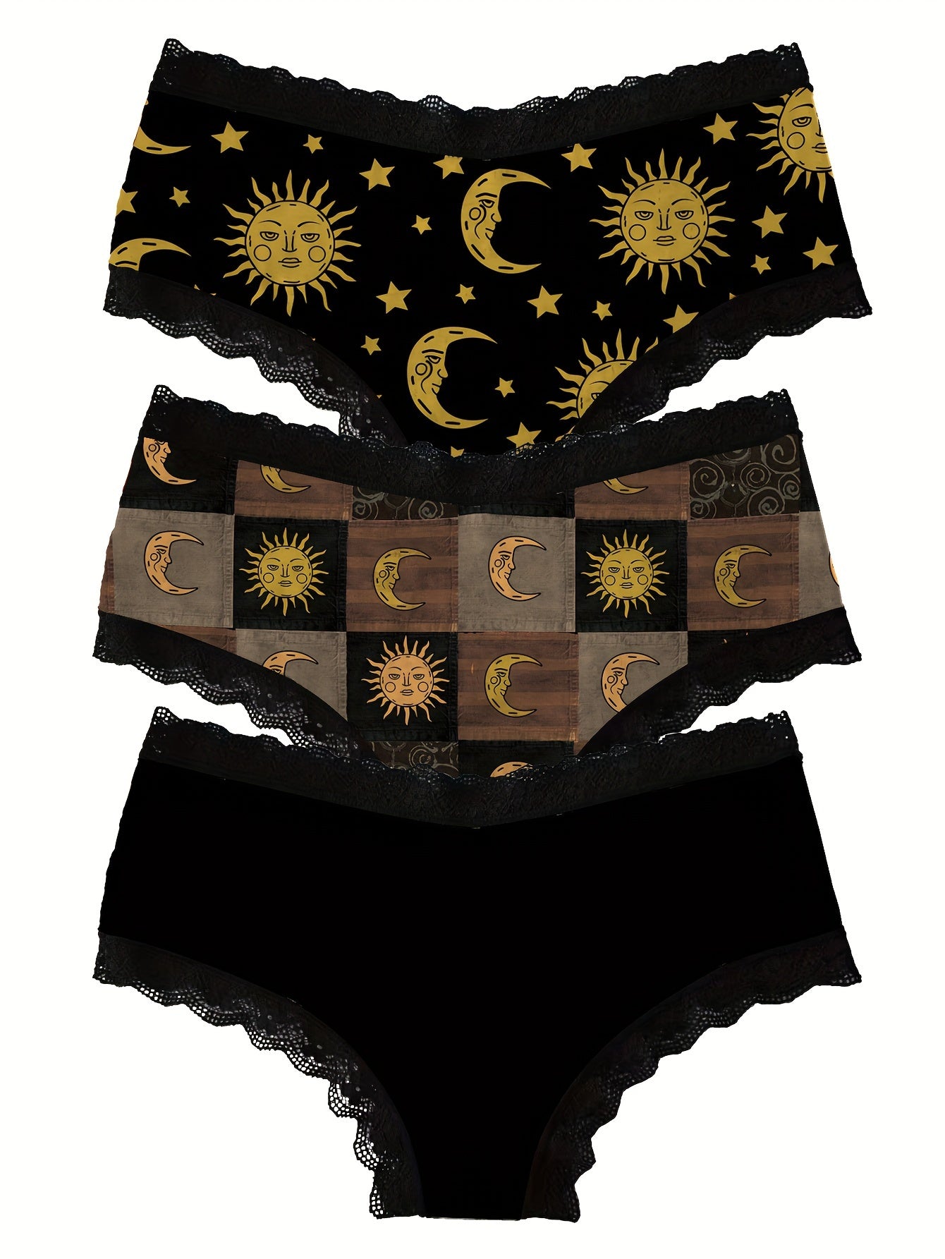 Conjunto de 3 bragas para mujer con estampado de luna y sol, encaje, transpirables y elásticas