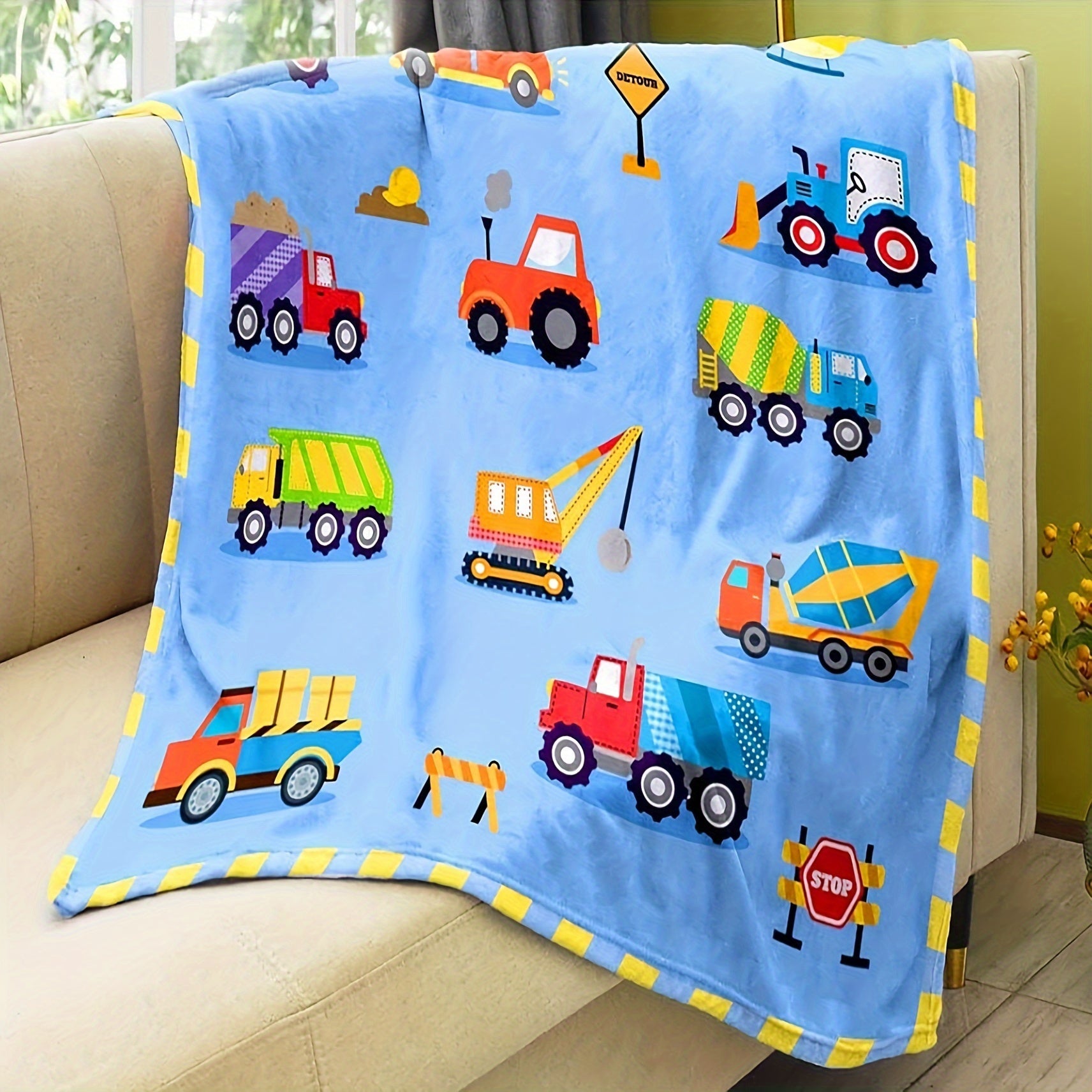 Baby Boys and Girls Lightweight Flannel Velvet Blue Truck Car Blanket 40x50 Inches