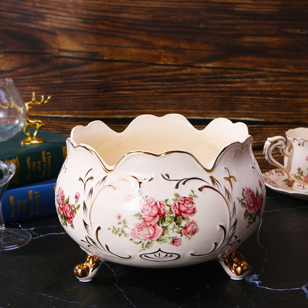Слоновая кость белая керамическая ведро с розовым дизайном 2800 мл с золотой каймой для домашнего и офисного декора