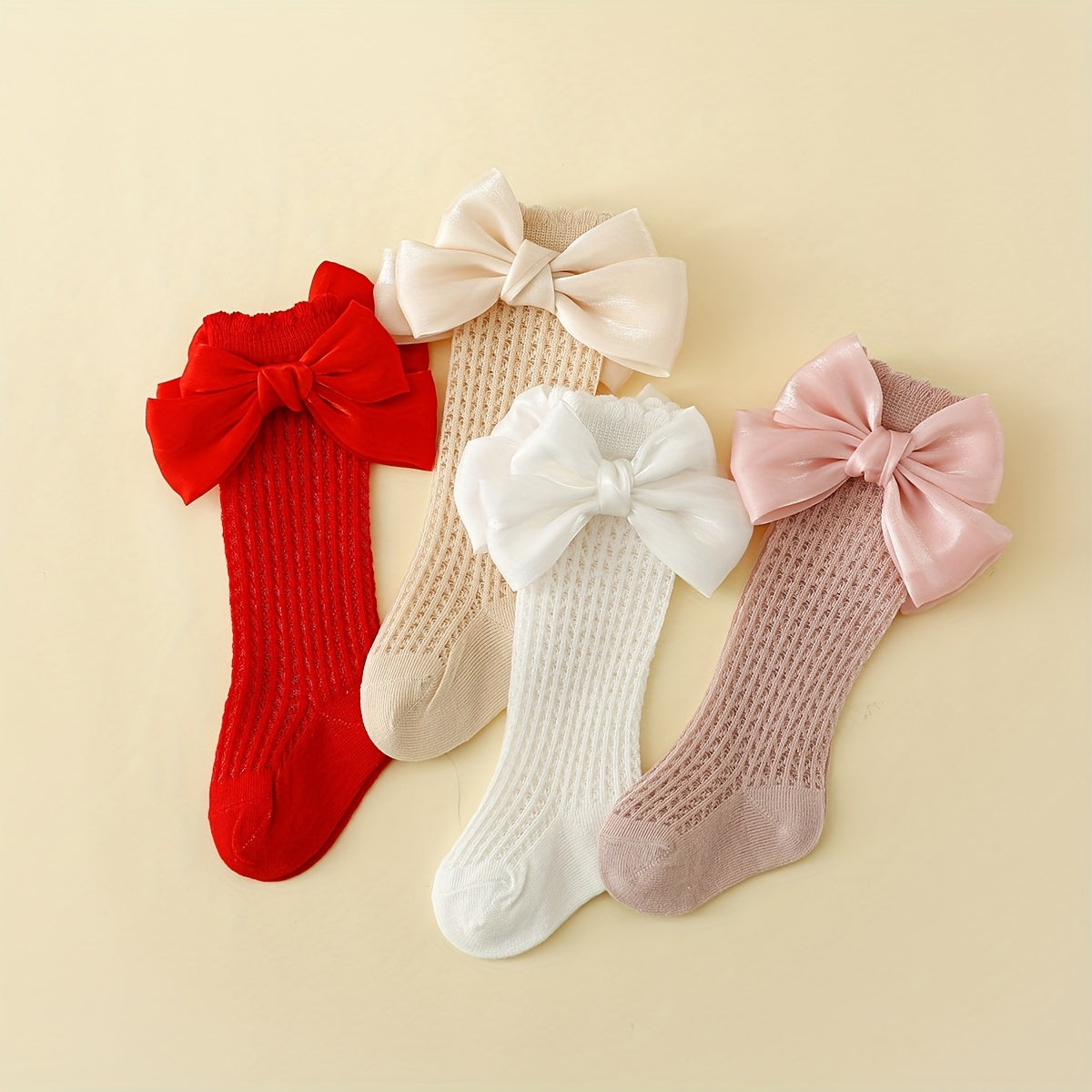 Baby Socks Set of 4 for Kids Toddler Knee-High Mesh Bow Pattern Cotton
