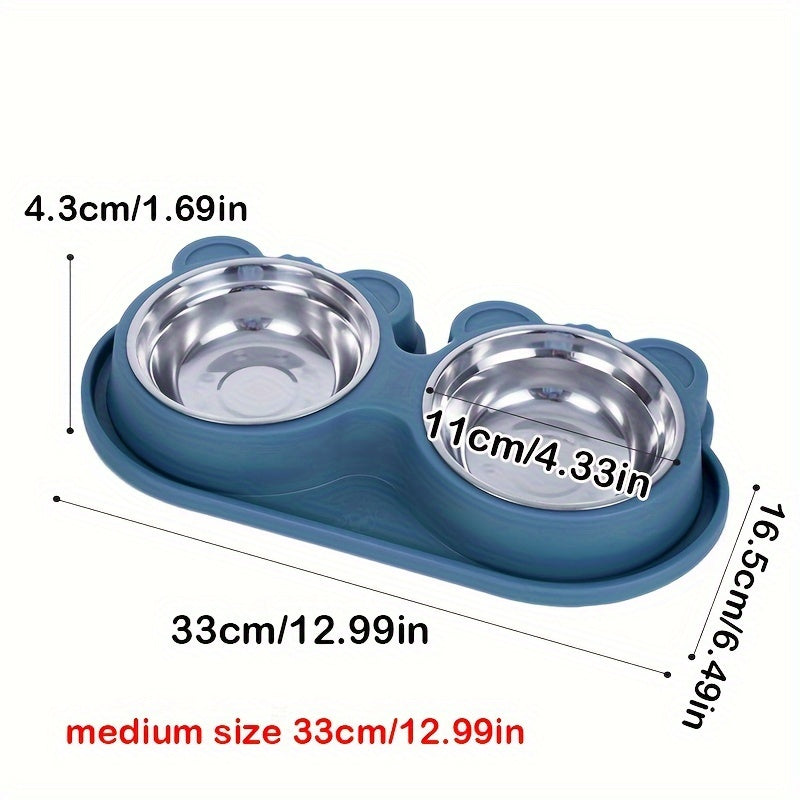 Stainless Steel Double Dog Bowls Set on Spill-Proof Stand for Drinking and Feeding