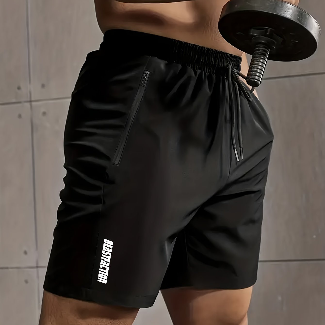 Men's Polyester Shorts with Zipper Pockets Elastic Waist Drawstring Summer Fitness