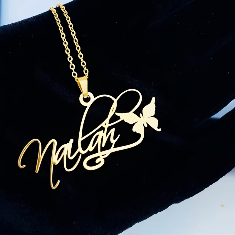 Gold Plated Butterfly Name Necklace for Women Stainless Steel Removable Heart Pendant Jewelry