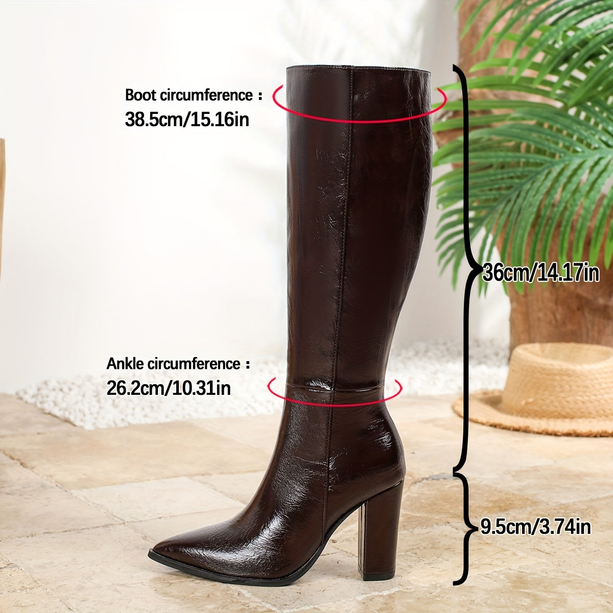 Plus Size Women's Pointed Toe Knee-High Boots Brown Synthetic Winter Casual