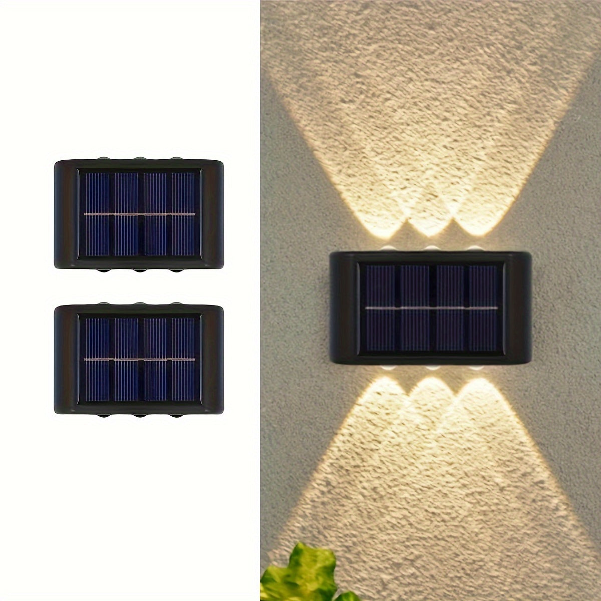 Lámparas solares de pared para exteriores, pack de 2, 6LED, doble color, cálido y frío, control de luz inteligente, jardín, patio, calle, paisaje