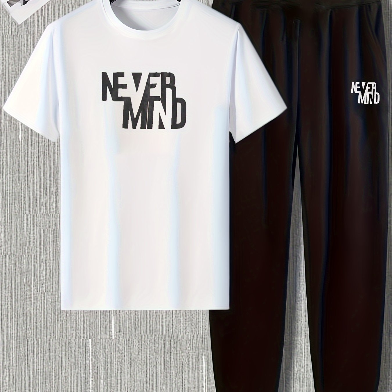 Conjunto de pijama de poliéster para hombre con camiseta de cuello redondo y manga corta con estampado de alfabetos y pantalones elásticos, ropa de dormir para todas las estaciones