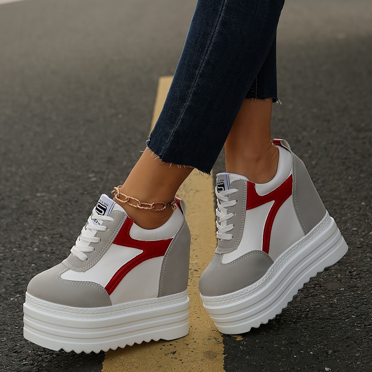 Women's Fashion Sneakers, Lace-Up, Color Block, Thick Platform, All Seasons