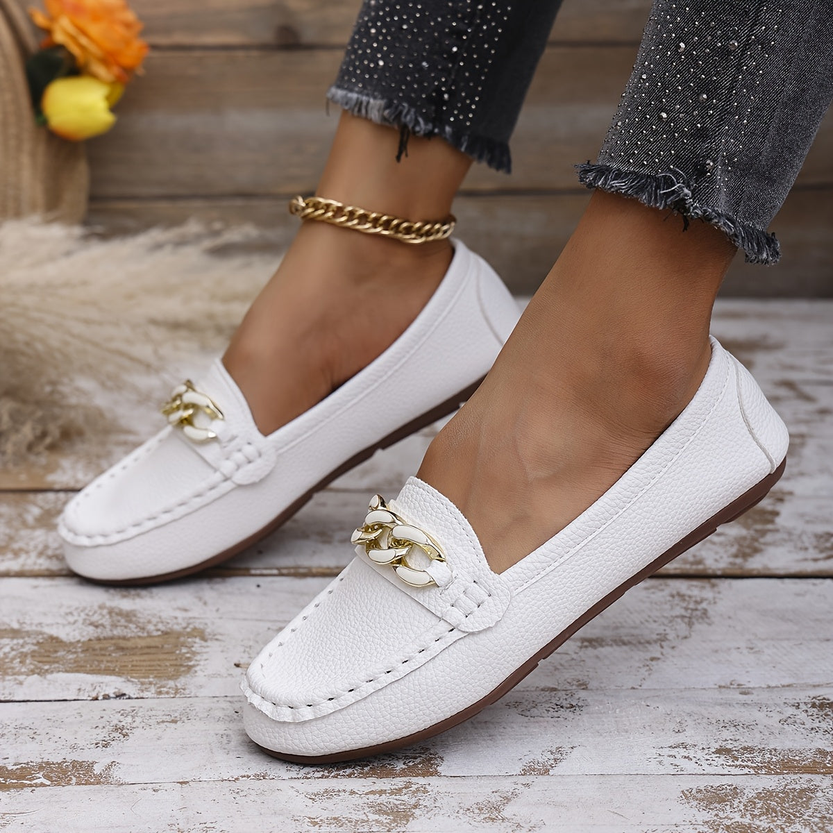 Women's Slip-On Loafers White Beige Black with Gold Chain Rubber Sole
