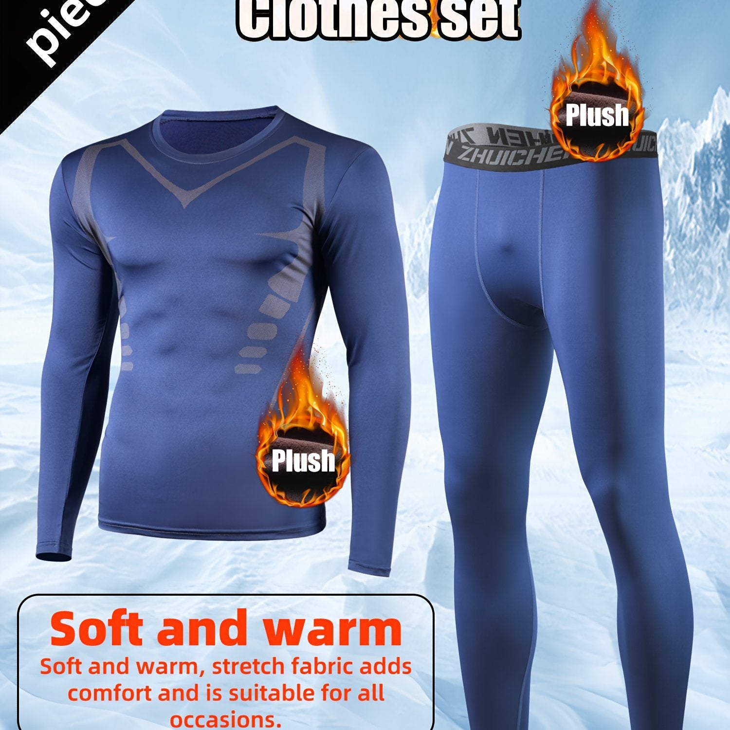 Men's Fleece-Lined Athletic Set in Blue for Running Gym Workouts Autumn Winter