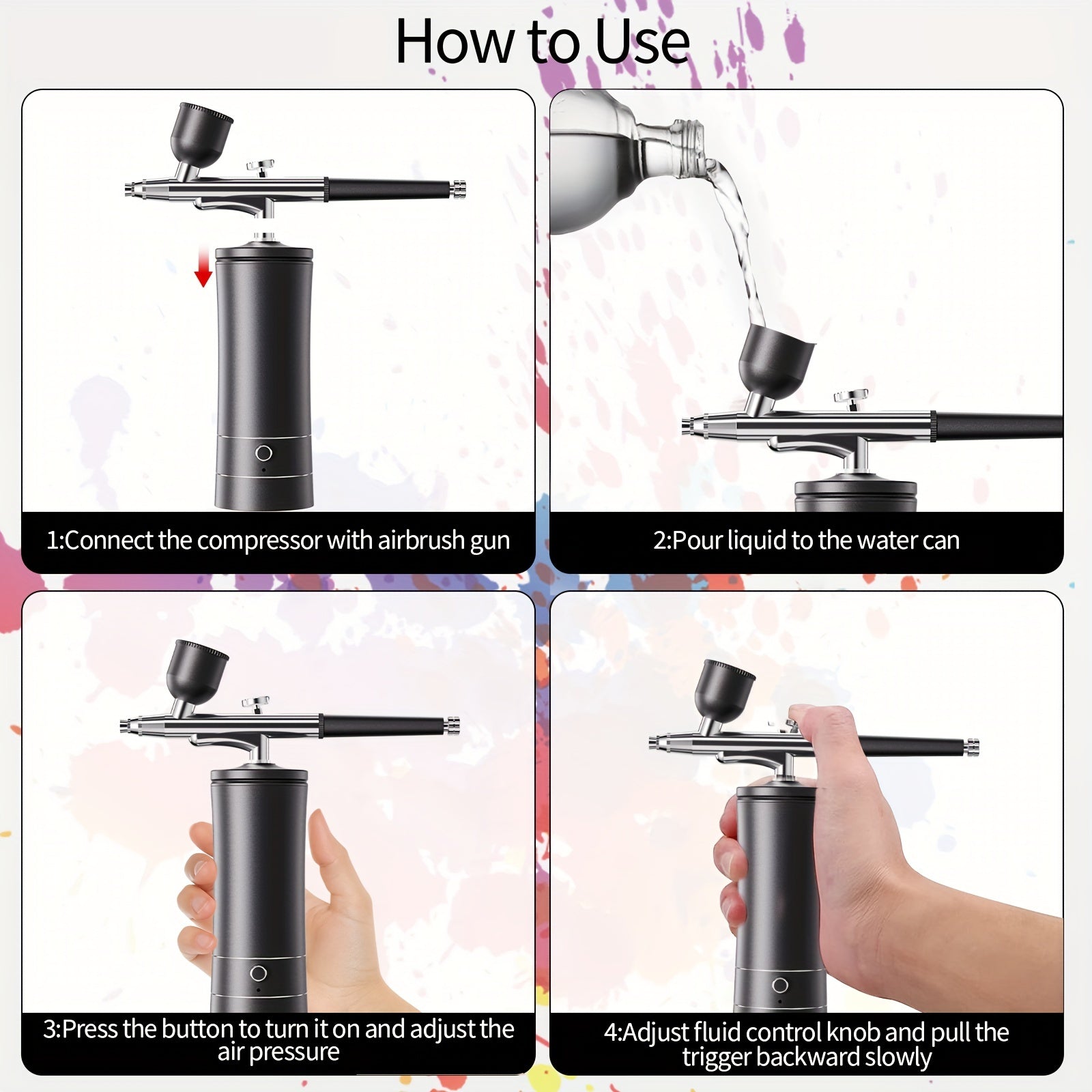 Turli ilovalar uchun portativ simsiz havo cho'tkasi to'plami, masalan, tirnoq san'ati, tort bezatish, makiyaj va model bo'yash. USB/batareya bilan ikki tomonlama quvvat, 900mAh sig'im.