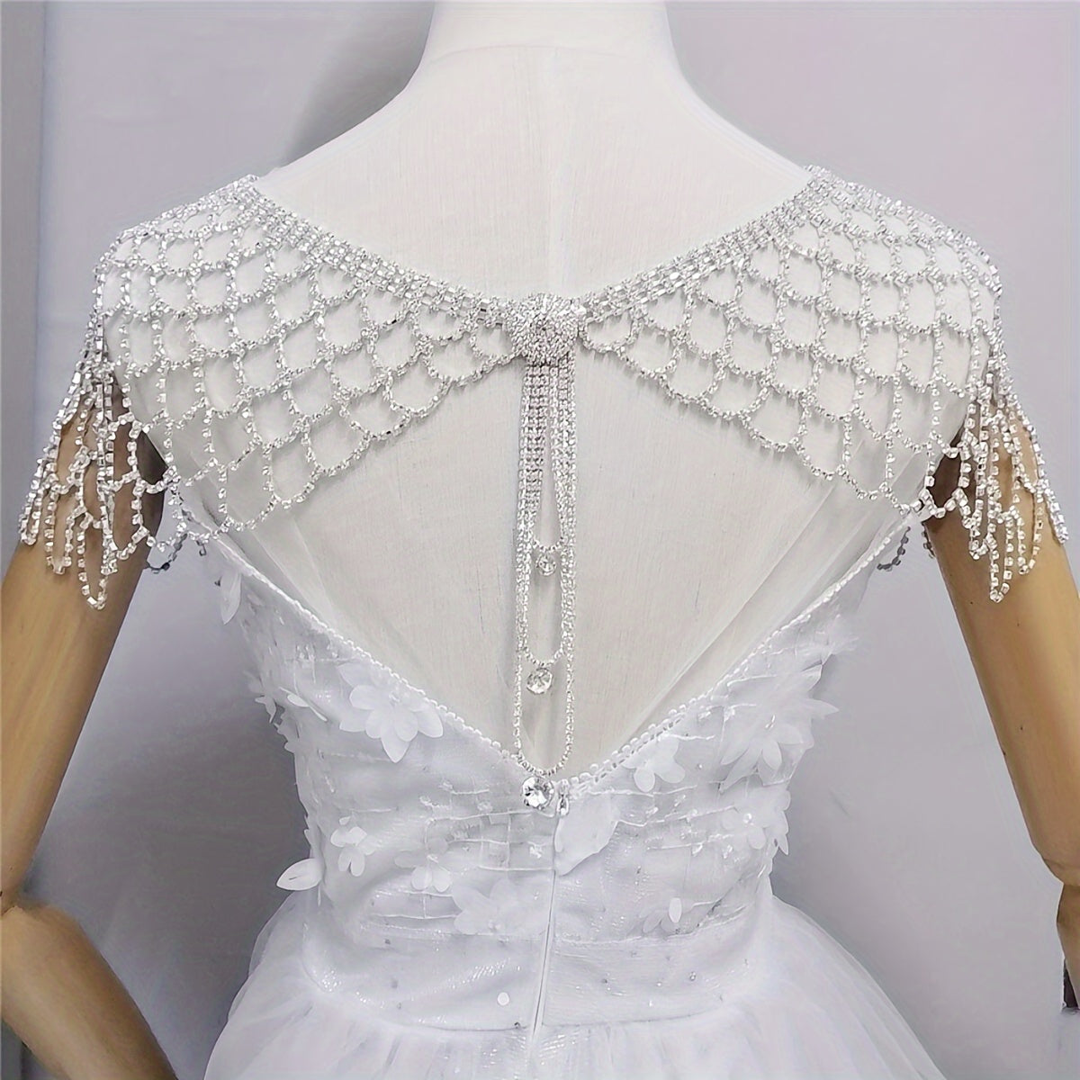 Wedding Dress Shawl with Long Tassel Pendant and Mesh Shoulder Chain Bridal Evening Accessories