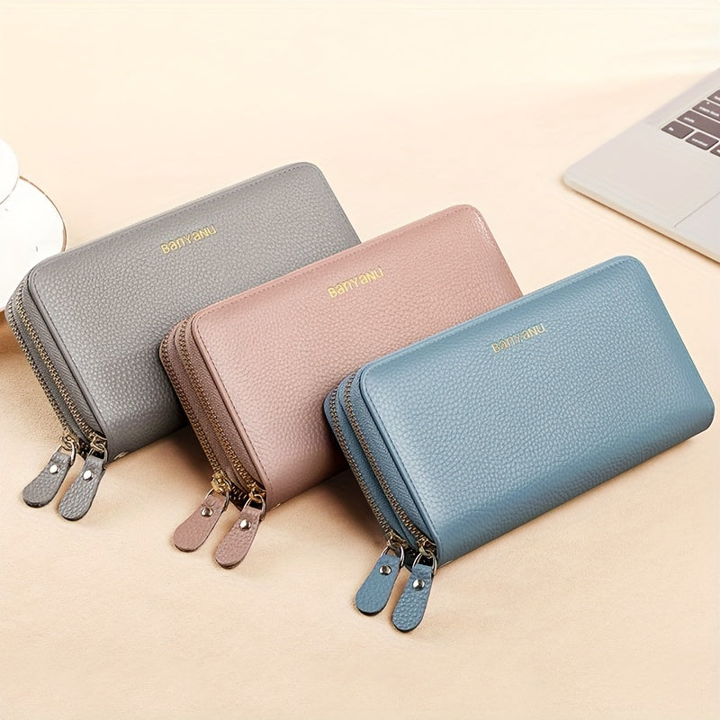 Women's Genuine Leather Wallet with Wristlet Burgundy Large Capacity Double Zip RFID Blocking