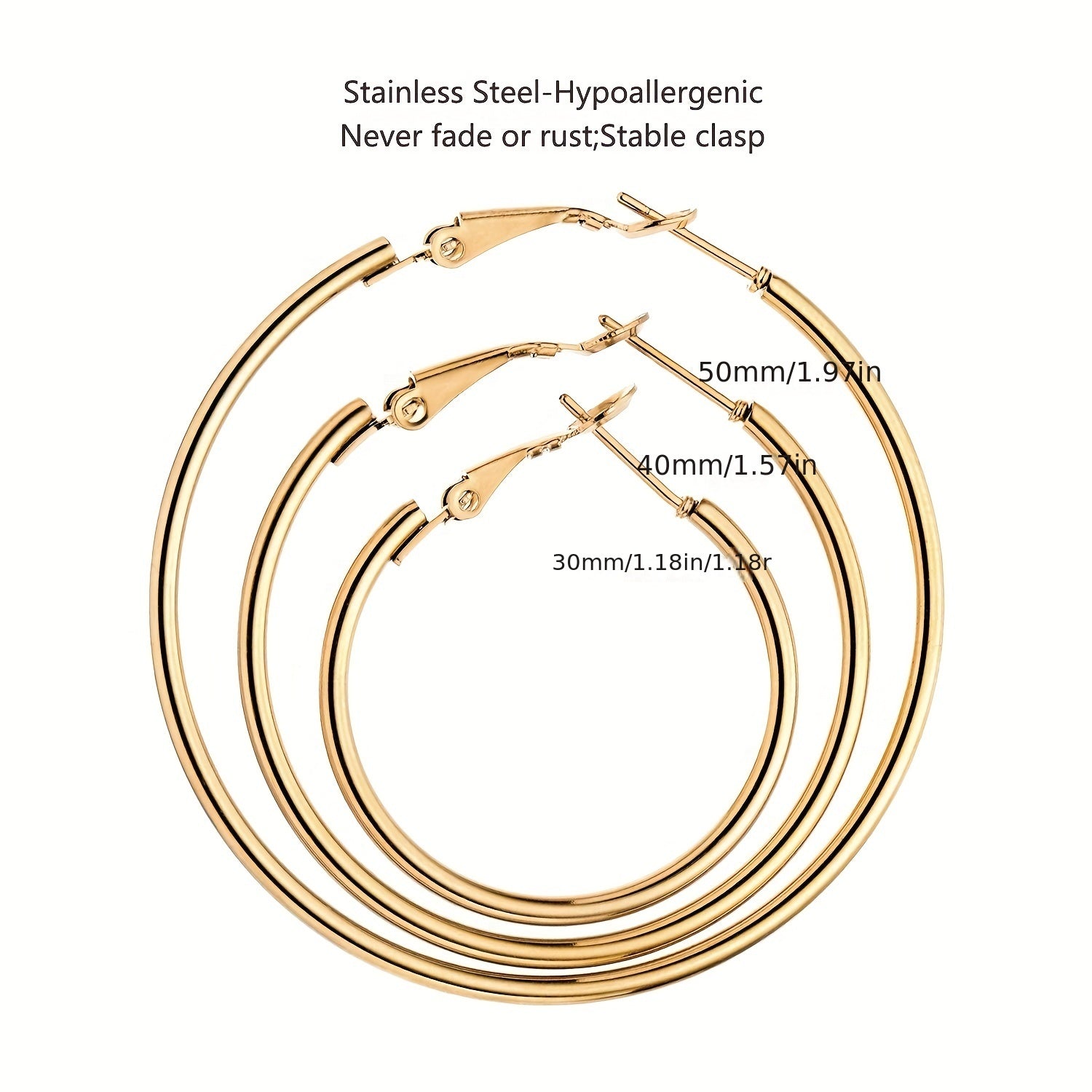 Set of Two Hypoallergenic Stainless Steel Hoop Earrings for Women in Gold and Silver Tones 30mm 40mm 50mm