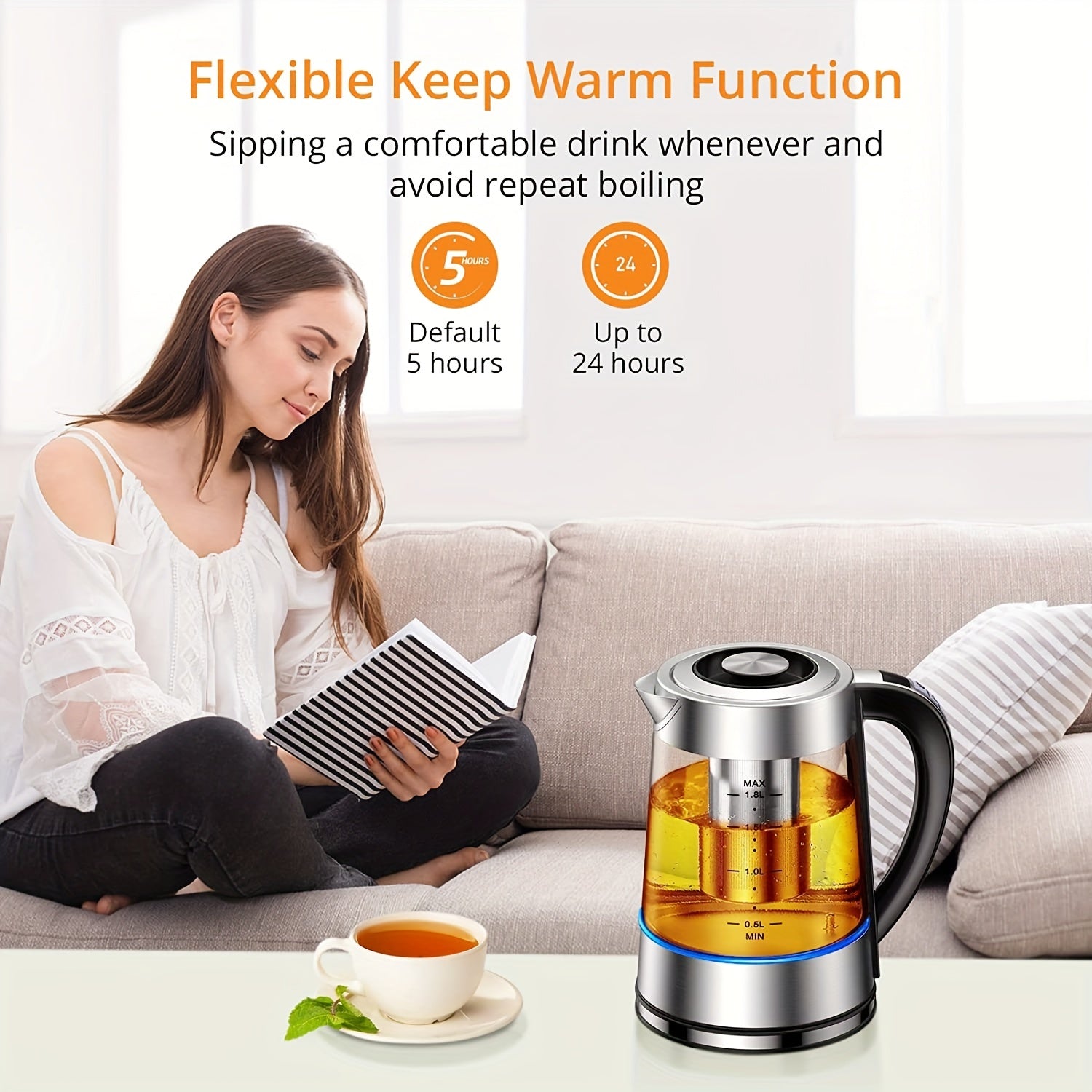 Electric Glass Kettle 1.8L with 12 Temperature Controls and Insulation