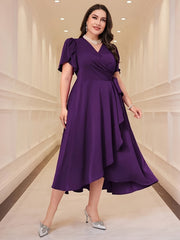 Vestido de escote en V con cinturón y detalle peplum de punto de color sólido para todas las estaciones