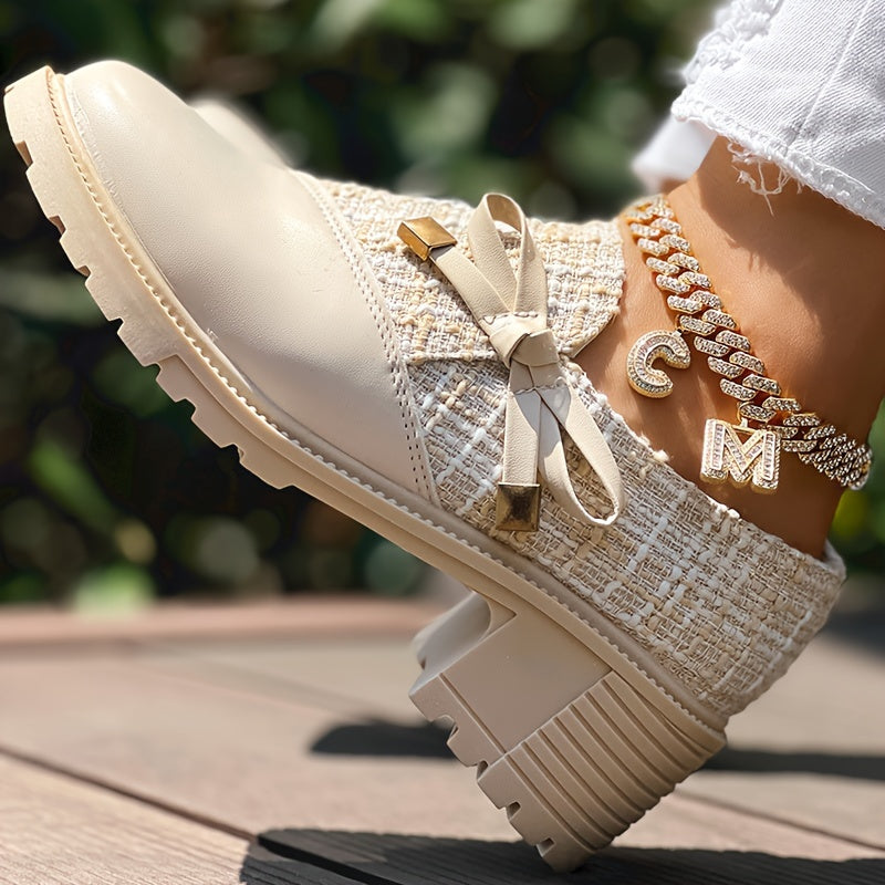 Women's Colorblock Dress Shoes with Bowknot Zipper Chunky Heel