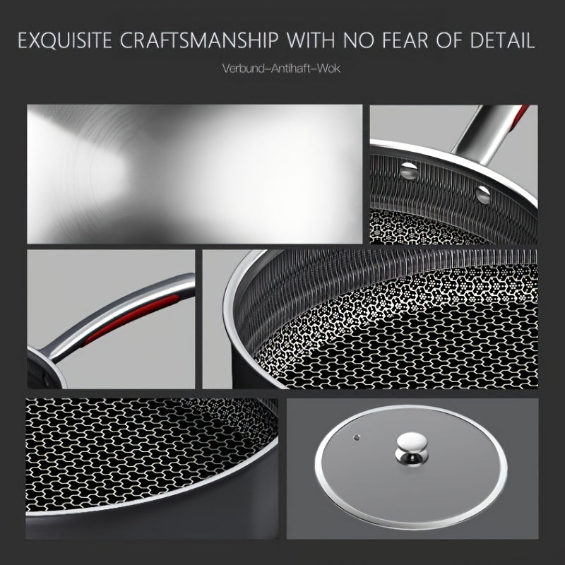 Sartén de acero inoxidable con superficie antiadherente de panal de abeja y tapa de vidrio para cocinar