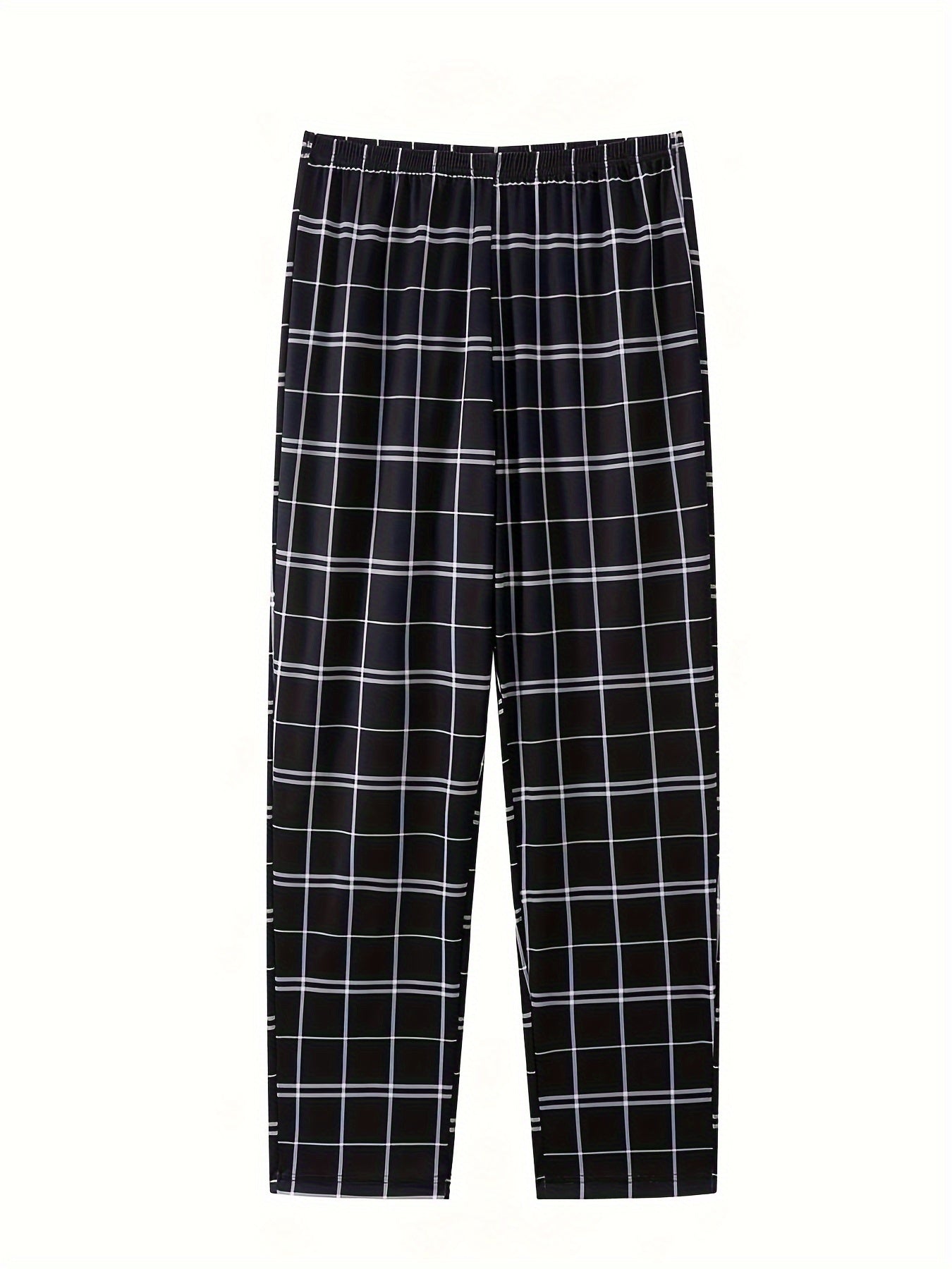 Men's Polyester Pajama Set with Gray Short Sleeve Tee and Checkered Long Pants
