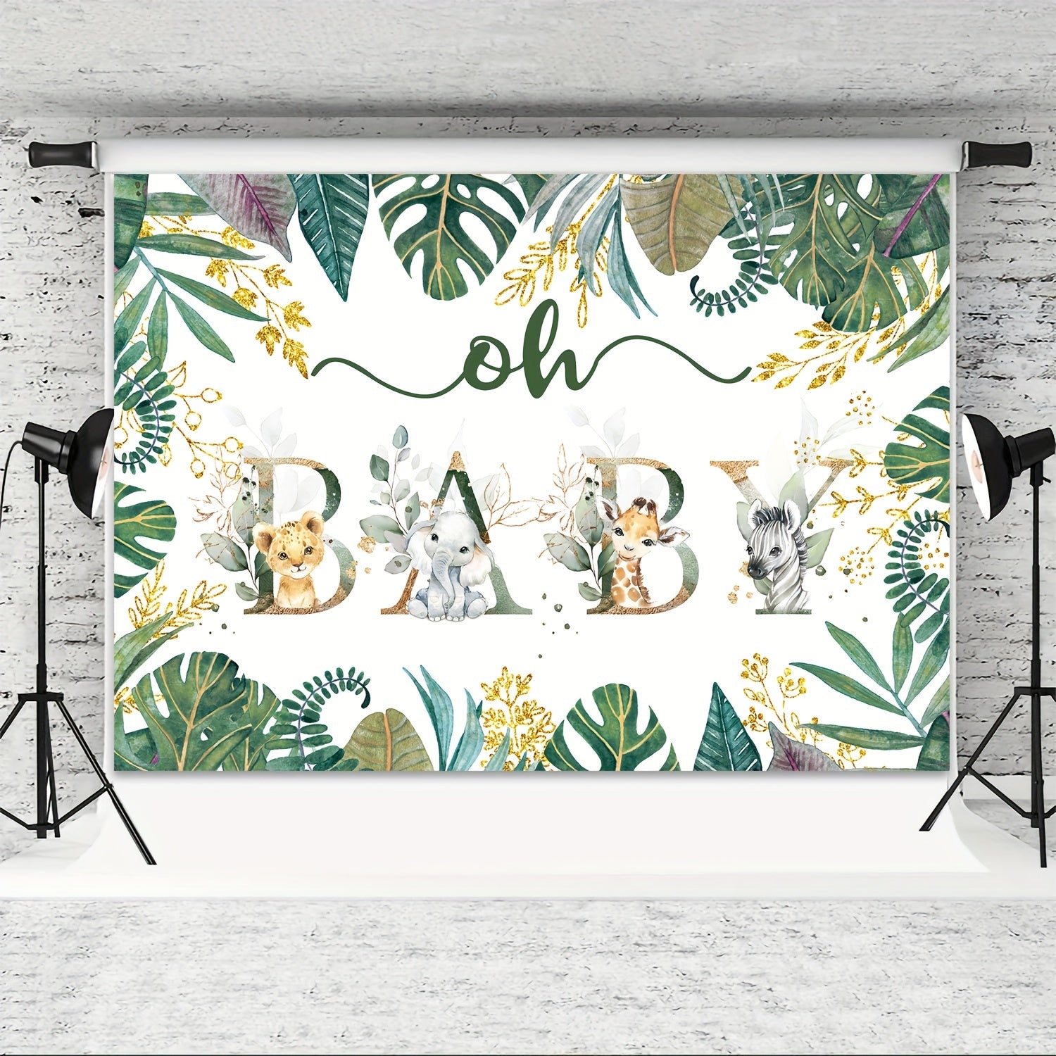 Gender-Neutral Jungle Safari Backdrop for Party Green Leaves Gold Accents 213x152cm